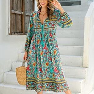 R. Vivimos Teal Floral Paisley Boho Tie Neck Midi Dress Sz L NWT